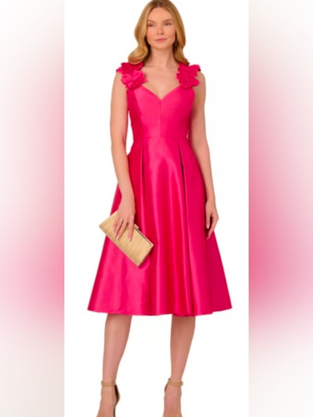 Adrianna Papell NWT Electric Pink Applique 3D Floral Fit Flare Midi Dress Size 0